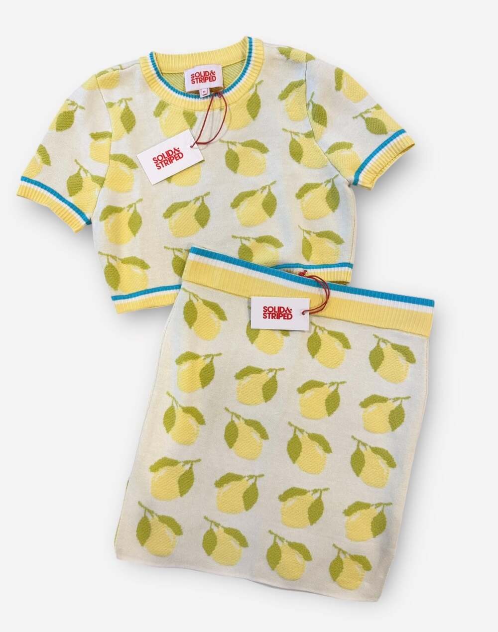 SOLID & STRIPED Yellow Lemon Jacquard Crop Top and Skirt Set